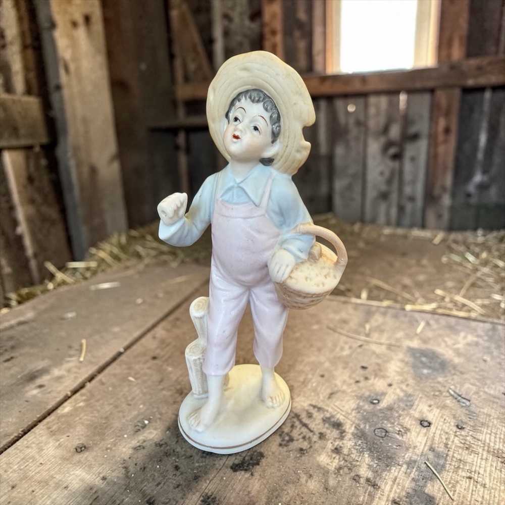 Vintage Ucagco Japan Bisque Porcelain Boy Fisherman Figurine 7"